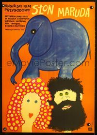 8e551 ELEPHANT CALLED SLOWLY Polish 22.75x32.25 '69 Butenko artwork of elephant standing on heads!