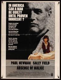 8f401 ABSENCE OF MALICE 30x40 '81 Paul Newman, Sally Field, Sydney Pollack, cool design!