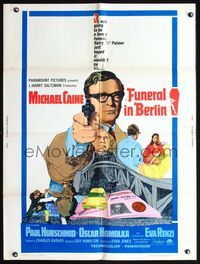 8f423 FUNERAL IN BERLIN 30x40 '67 cool art of Michael Caine pointing gun, directed by Guy Hamilton