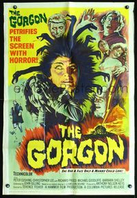 8f342 GORGON 27x40 '64 Peter Cushing, Hammer horror, cool art of female monster with snake hair!