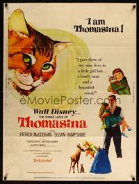 8f454 THREE LIVES OF THOMASINA 30x40 '64 Walt Disney, great art of smiling cat!