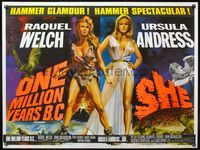 8f270 ONE MILLION YEARS B.C./SHE British quad '60s Raquel Welch & Ursula Andress sexy double-bill!