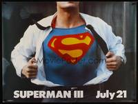 8f301 SUPERMAN III teaser British quad '83 cool image of Christopher Reeve changing clothes!