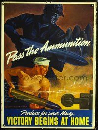 8f009 VICTORY BEGINS AT HOME PASS THE AMMUNITION war poster '43 sailor loading gun by Howard Scott!