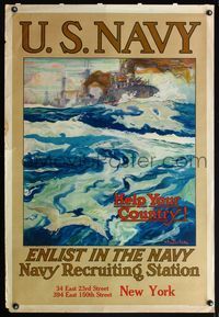 8f002 U.S. NAVY HELP YOUR COUNTRY! WWI poster '17 art of battleships on ocean by Henry Reuterdahl