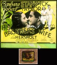 8g052 HIS BROTHER'S WIFE glass slide '36 romantic images of Barbara Stanwyck & Robert Taylor!