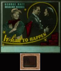 8g054 IT HAD TO HAPPEN glass slide '36 George Raft alone & embracing pretty Rosalind Russell!