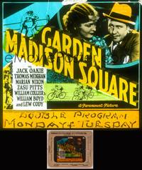 8g063 MADISON SQUARE GARDEN glass slide '32 cool artwork of boxing & cycling in New York City!