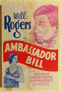 8h039 AMBASSADOR BILL 1sh R36 portrait art of Will Rogers, Greta Nissen!