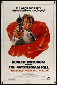 8h045 AMSTERDAM KILL 1sh '78 John Solie artwork of tough guy Robert Mitchum pointing revolver!