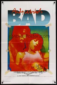 8h047 ANDY WARHOL'S BAD signed 1sh '77 by Perry King, Carroll Baker, sexploitation black comedy!