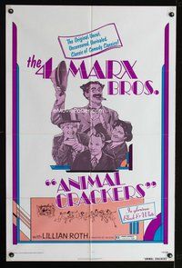 8h050 ANIMAL CRACKERS 1sh R74 wacky artwork of all four Marx Brothers!