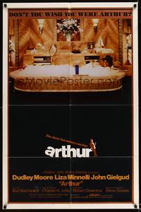 8h056 ARTHUR int'l 1sh '81 image of drunken Dudley Moore in huge bath w/martini!