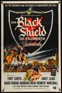 8h090 BLACK SHIELD OF FALWORTH 1sh '54 art of Tony Curtis & Janet Leigh, knighthood's epic age!
