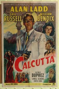 8h149 CALCUTTA 1sh '46 great art of Alan Ladd pointing gun & sexy Gail Russell in India!