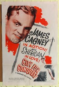 8h187 CITY FOR CONQUEST 1sh R46 close-up of James Cagney in action, Ann Sheridan in love!