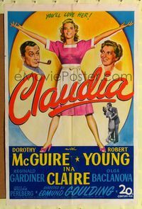 8h192 CLAUDIA 1sh '43 art of full-length Dorothy McGuire, Robert Young & Ina Claire!