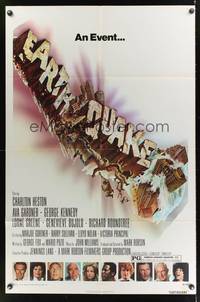 8h317 EARTHQUAKE 1sh '74 Charlton Heston, Ava Gardner, cool Joseph Smith disaster title art!