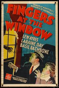 8h358 FINGERS AT THE WINDOW 1sh '42 art of Lew Ayres & Laraine Day + Rathbone's shadow!