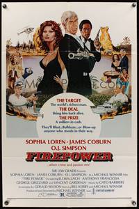 8h360 FIREPOWER 1sh '79 C.W. Taylor art of Sophia Loren, James Coburn & O.J. Simpson w/gun!