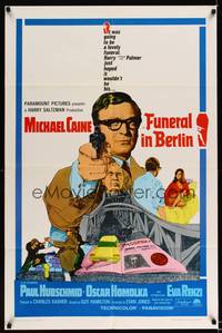 8h390 FUNERAL IN BERLIN 1sh '67 cool art of Michael Caine pointing gun, directed by Guy Hamilton!