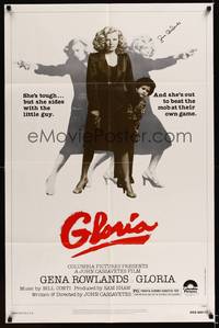 8h416 GLORIA signed 1sh '80 by Gena Rowlands, close up & full-length with gun, John Cassavetes!
