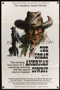 8h431 GREAT AMERICAN COWBOY 1sh '74 Larry Mahan, cool Ralph Butler cowboy art!