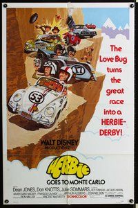 8h472 HERBIE GOES TO MONTE CARLO 1sh '77 Disney, wacky art of Volkswagen Beetle car racing!