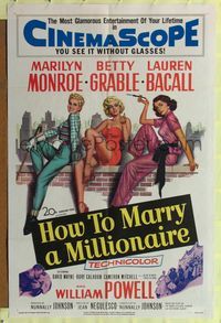 8h505 HOW TO MARRY A MILLIONAIRE 1sh '53 sexy Marilyn Monroe, Betty Grable & Lauren Bacall!