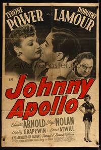 8h554 JOHNNY APOLLO 1sh '40 close-up of Tyrone Power & Dorothy Lamour!