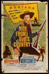 8h619 MAN FROM GOD'S COUNTRY 1sh '58 lawman George Montgomery, gun-raw, gun-ruled, gun hell!