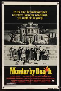 8h670 MURDER BY DEATH 1sh '76 great Charles Addams artwork of cast by dead body & spooky house!