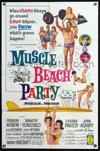 8h674 MUSCLE BEACH PARTY 1sh '64 Frankie & Annette, 10,000 biceps & 5,000 bikinis!