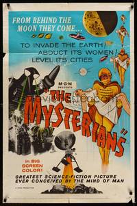 8h678 MYSTERIANS MGM 1sh '59 Ishiro Honda, they're abducting Earth's women & leveling its cities!