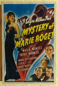 8h679 MYSTERY OF MARIE ROGET 1sh '42 Edgar Allan Poe, Maria Montez, cool artwork of ghost!