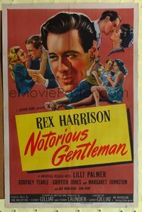 8h703 NOTORIOUS GENTLEMAN 1sh '46 cool art of Rex Harrison dating many women!