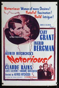8h701 NOTORIOUS style 1 1sh R60s Cary Grant, Ingrid Bergman, fateful fascination, bold intrigue!