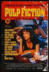 8h756 PULP FICTION signed 1sh '94 by John Travolta, image of sexy Uma Thurman!