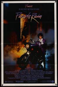 8h757 PURPLE RAIN 1sh '84 great image of Prince riding motorcycle, in his first motion picture!