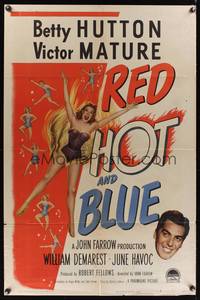 8h771 RED, HOT & BLUE style A 1sh '49 sexy dancer Betty Hutton in skimpy outfit, Victor Mature