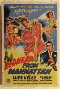 8h772 REDHEAD FROM MANHATTAN 1sh '43 great artwork of sexy Lupe Velez in NY!