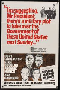 8h815 SEVEN DAYS IN MAY 1sh '64 art of Burt Lancaster, Kirk Douglas, Fredric March & Ava Gardner!