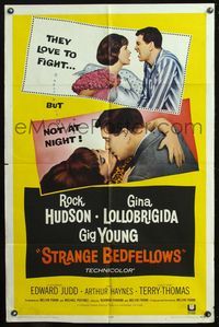 8h874 STRANGE BEDFELLOWS 1sh '65 Gina Lollobrigida & Rock Hudson love to fight, but not at night!