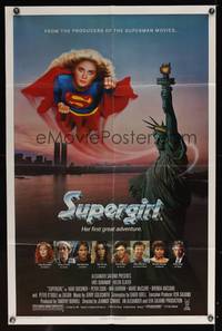 8h885 SUPERGIRL 1sh '84 super Helen Slater in costume flying over Statue of Liberty!