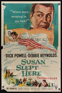 8h887 SUSAN SLEPT HERE 1sh '54 great artwork of sexy Debbie Reynolds sprawled out on bed!