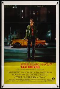 8h898 TAXI DRIVER signed 1sh '76 by Robert De Niro, classic art of him by cab, Scorsese directed!