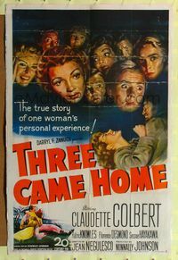8h917 THREE CAME HOME 1sh '49 artwork of Claudette Colbert & prison women without their men!