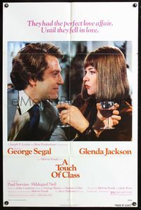8h933 TOUCH OF CLASS 1sh '73 close up of George Segal toasting Glenda Jackson with wine!
