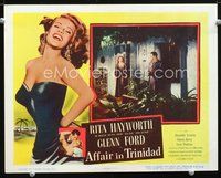8j027 AFFAIR IN TRINIDAD LC '52 Rita Hayworth & Glenn Ford stare at each other from ajoining rooms