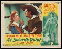 8j067 AT SWORD'S POINT LC #8 '52 romantic close up of swashbuckler Cornel Wilde & Maureen O'Hara!
